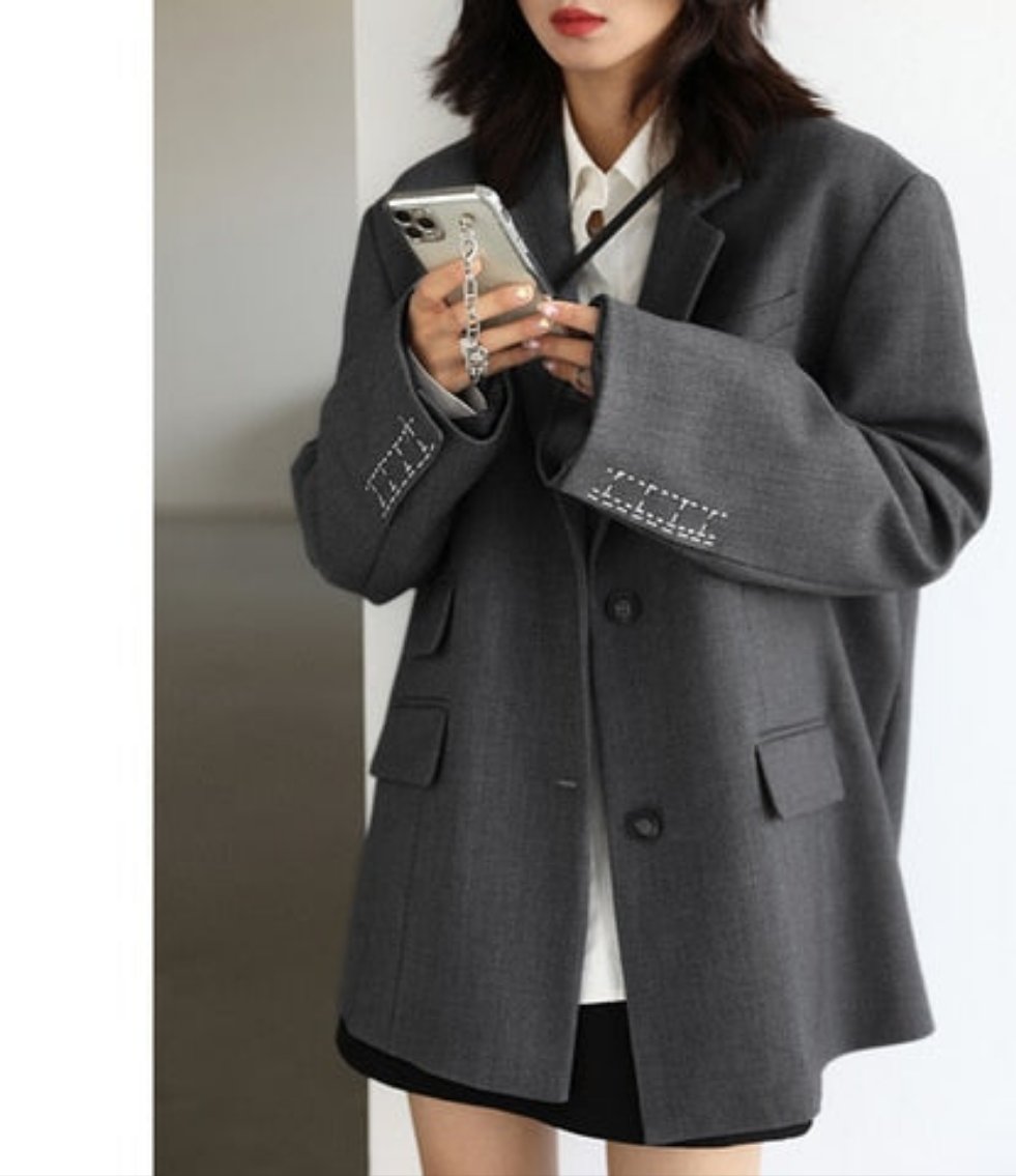 Women Office Lady Blazer Cuff Embroidery Wide Shoulder Twill Suit