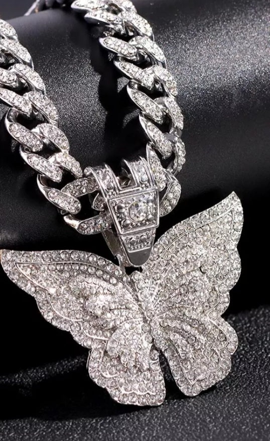 Iced Out Bling Big Butterfly Pendant Necklace